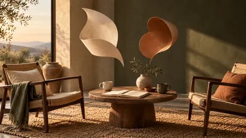 Original illustration of two chairs beside a small table, blank notebook, ceramic cups and sculptural speech shapes.