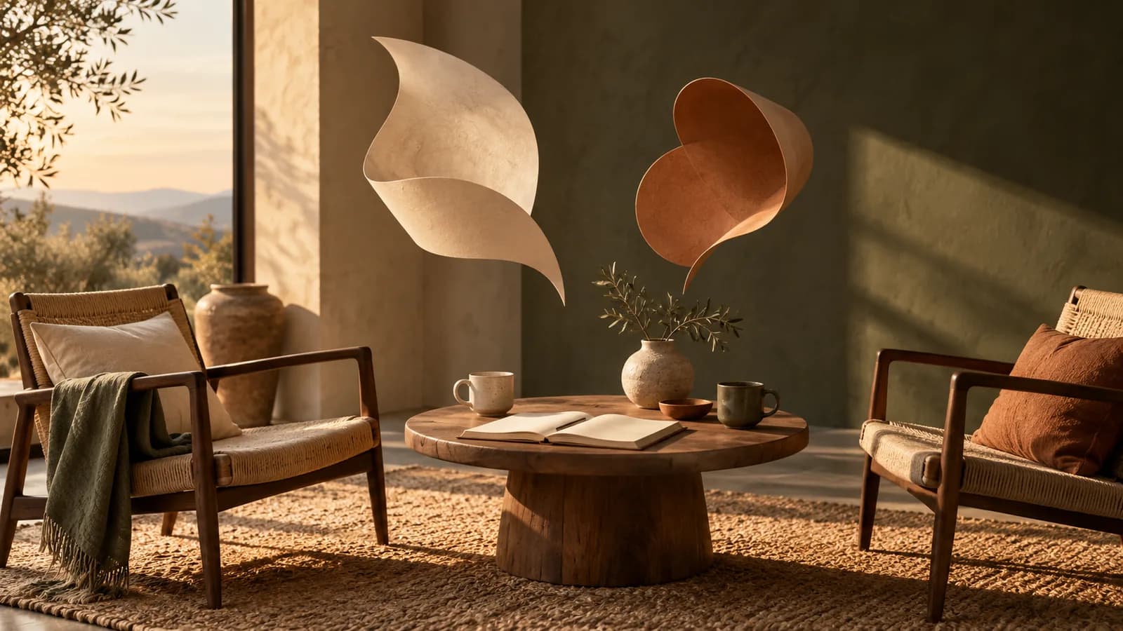 Original illustration of two chairs beside a small table, blank notebook, ceramic cups and sculptural speech shapes.