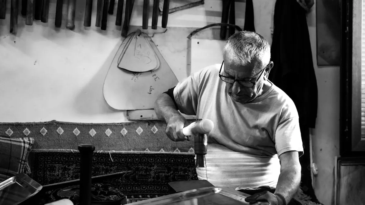 Skilled artisan working in a historic Istanbul workshop, showcasing traditional craftsmanship.