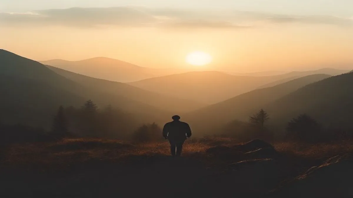 Silhouette in mountain landscape at sunrise.