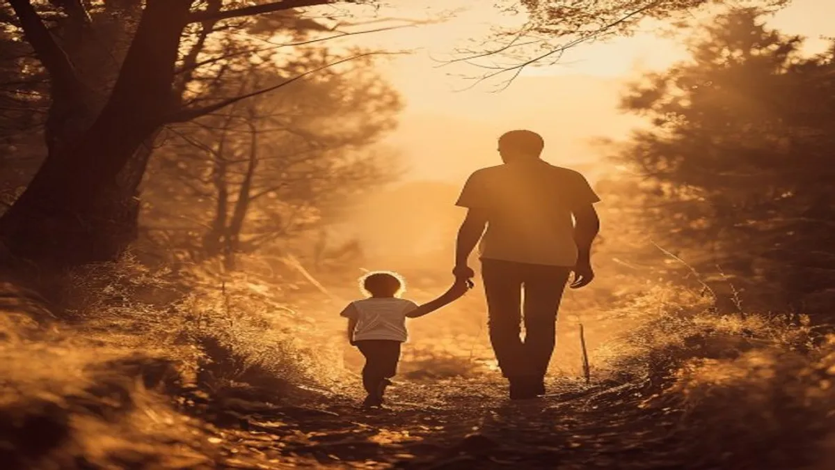 Father and child silhouettes walking trail.