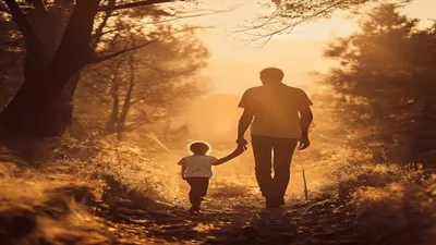 Father and child silhouettes walking trail.