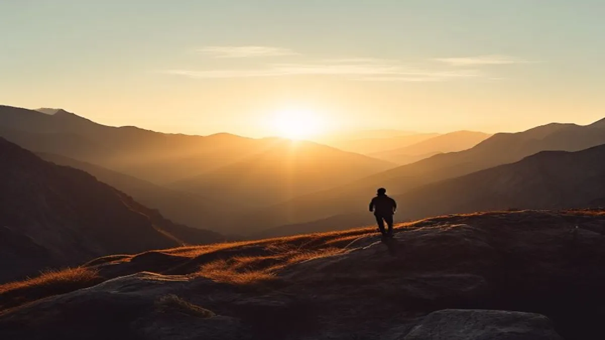 Silhouette in mountain landscape at sunrise.