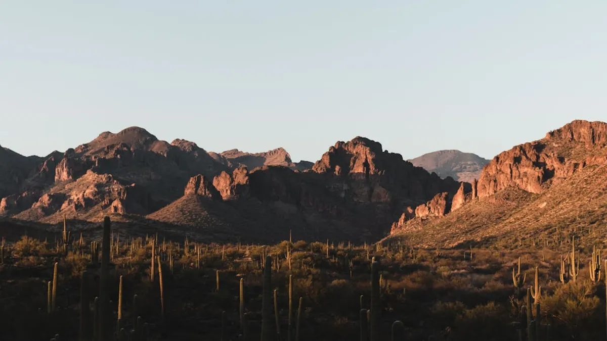 Stunning sunset over the cactus-filled Superstition Mountains, Arizona.