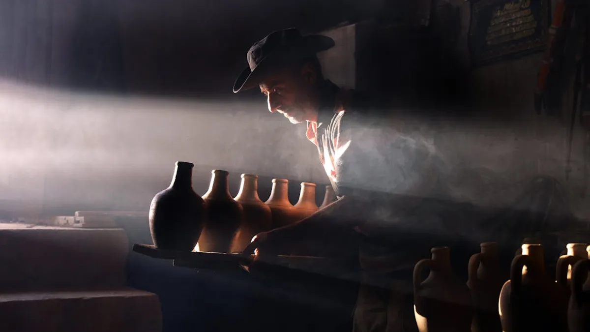 A pottery artisan works with clay pots in a dimly lit workshop with dramatic light beams.