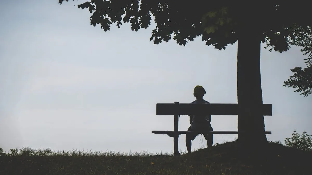 A lone silhouette on a bench under a tree evokes solitude at twilight.
